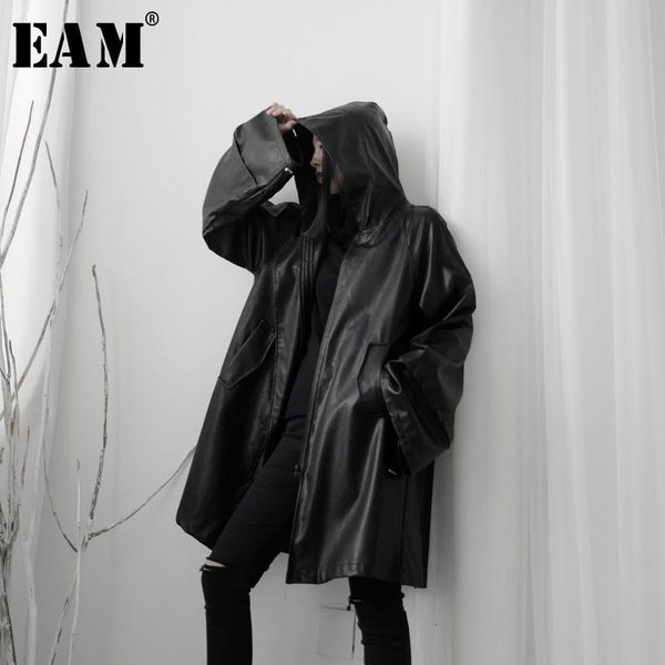 

women's jackets [eam] loose fit black brief big size pu leather jacket hooded long sleeve women coat fashion spring autumn 2021 19a-a58, Black;brown