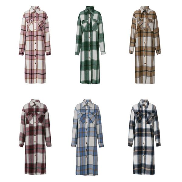 

women's trench coats women clothing autumn spring casual plaid long coat adults button-down sleeve lapel outerwear with pockets, Tan;black