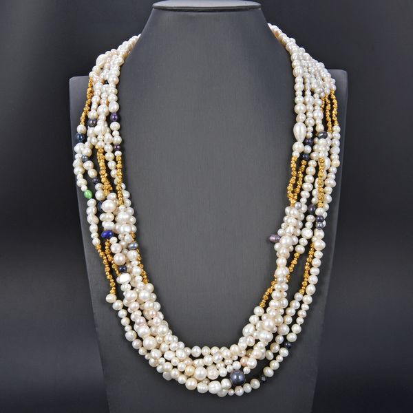 

guaiguai jewelry 6 strands white black mix-color pearl necklace chokers luxury wedding for women, Silver
