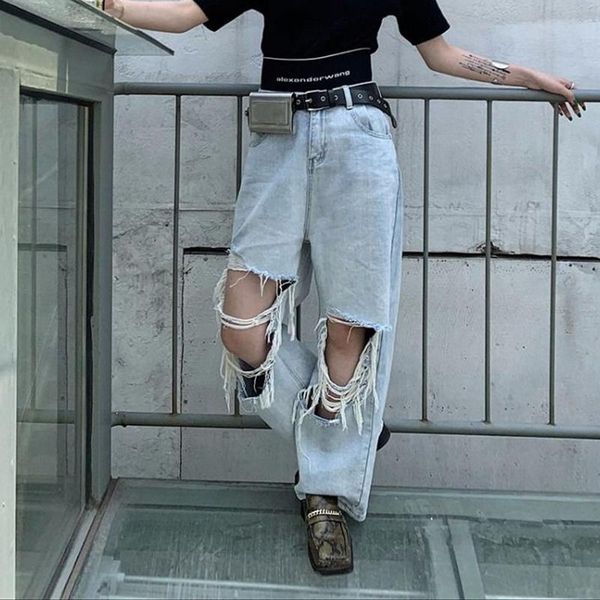 

women's jeans high waist ripped women summer loose casual denim pants 2021 fashion street style straight boyfriend woman p547, Blue