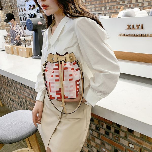 

summer mini old drawstring one shoulder handbag women's bag canvas rainbow bucket bag purse