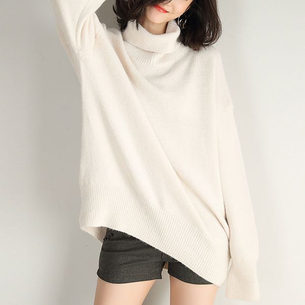 

2021 new oversized turtleneck women's nightgown winter black brown jumpers korean fashion pullovers loose crocheted autumn clothes c1ve, White;black