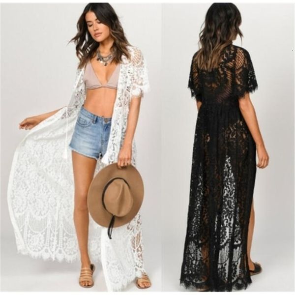 

2020 new women bikini beach swimsuit cover-ups lace embroidery long cardigan kimono crochet hollow sunscreen shirts swimwear cover ups