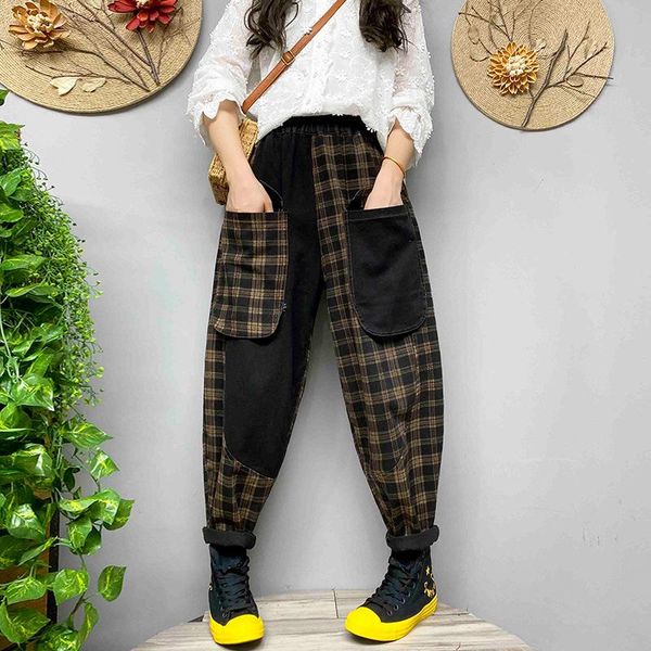 

women's jeans large size for women nice autumn high waist baggy big pocke streetwear vintage printed plaid loose pants, Blue