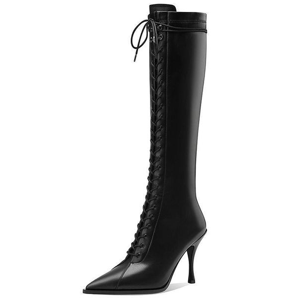 

boots women's knee high 2021 spring and autumn single pointed fashion cross strap increased elastic knight boot, Black