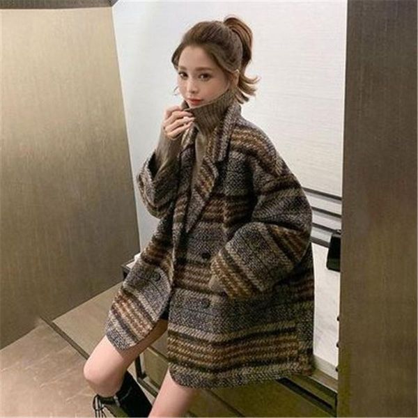 

women's wool & blends [ewq] korea chic women autumn winter 2021 loose small plaid casual warm tweed medium long thickened coat female t, Black