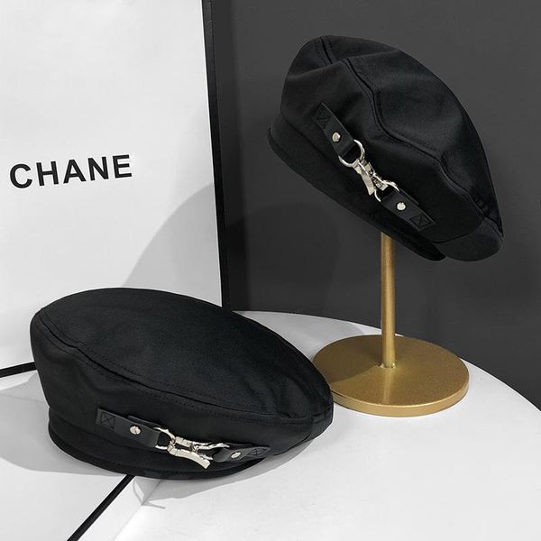 

berets orean style autumn winter trend beret british stylerretro leather buckle octagonal hat punk fashion black headwear, Blue;gray