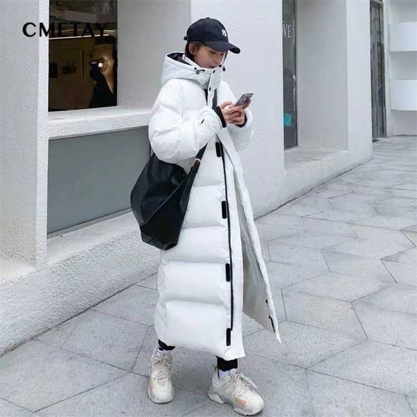 

long down jacket women's coat winter korean oversized thick warm hooded parka black white cotton jackets 211018