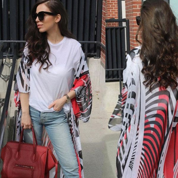 

blouse 2021 new brand womens floral loose kimono cardigan boho beach long sleeve chiffon long coat blouse, White