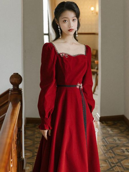 

casual dresses original french style restoring ancient ways collect waist splicing dress more show thin square collar lace, Black;gray