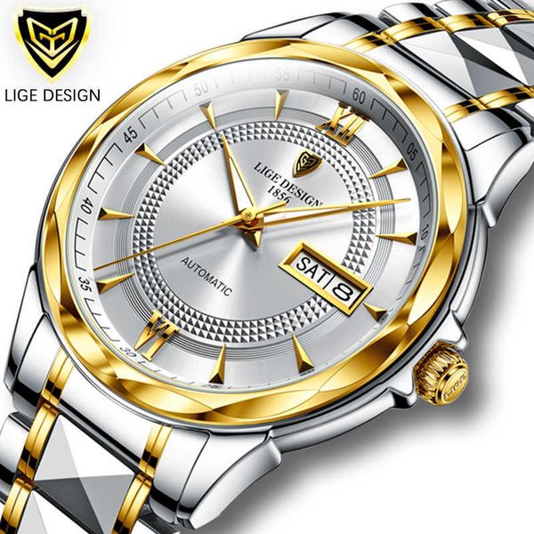 

lige fashion automatic mechanical watch luxury tungsten steel watch for men watches 50m waterproof business date week clock 210527, Slivery;brown