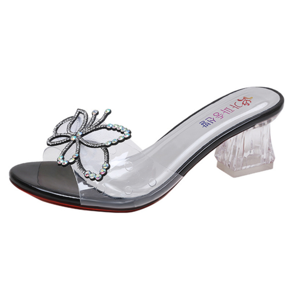 

2021 transparent pvc jelly sandals women crystal peep toe high heels slides bowknot thick with beach slippers dress pumps female, Black