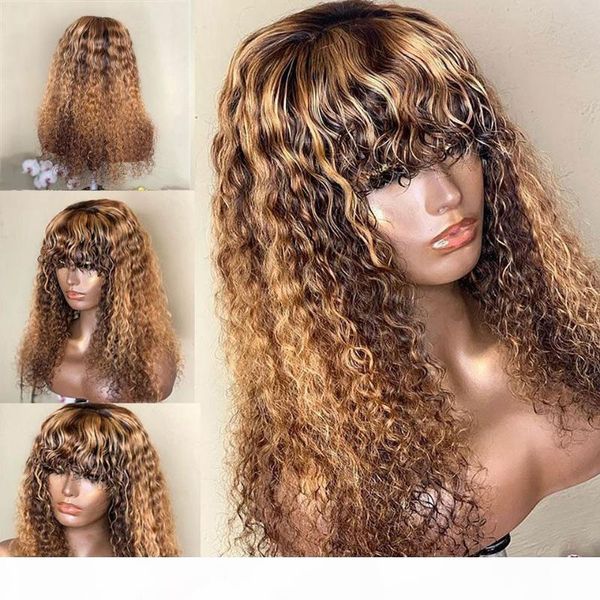 

13x4 curly lace front human hair wigs with bangs brazilian remy honey blonde lace front wigs for women blonde highlight wigs180%, Black;brown