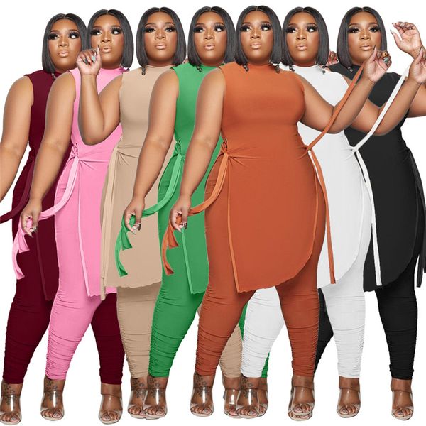 Plus size 3xl 4xl mulheres dois peça conjunto de faixas de harmonização estilo longo estilo sem mangas tops empilhados leggings casuais esportes casuais 6886