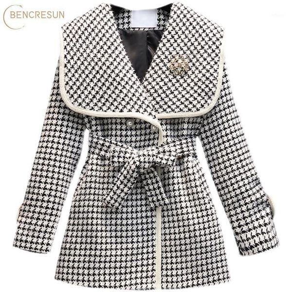 

women's wool & blends vintage houndstooth coats autumn and winter double breasted fashion navy collar adjustable waist blouse mid-lengt, Black