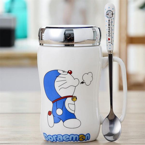 

450ml doraemon ceramic coffee mugs with mirror lid and spoon cute totoro tea cup milk mug for women girls student teen