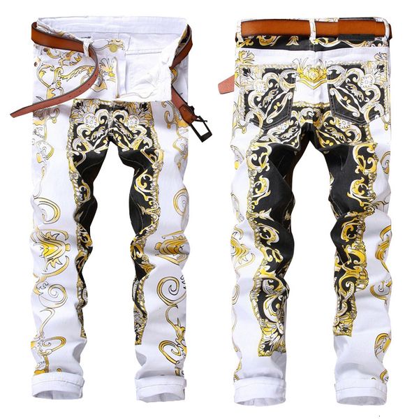 

2021 autumn mens pattern printed denim trousers white nightclub hip hop vintage ny jeans man vaqueros hombre hm06, Blue