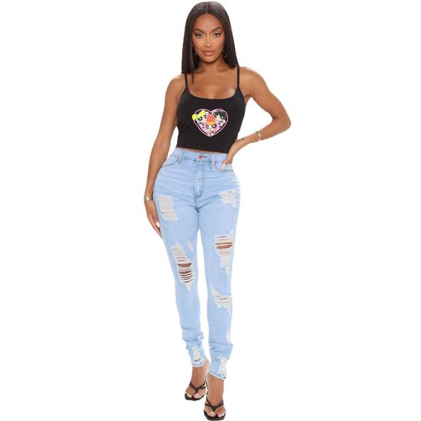 

women's jeans summer autumn women denim tassel skinny ripped holes chic bottoms high waist washed stretch female, Blue