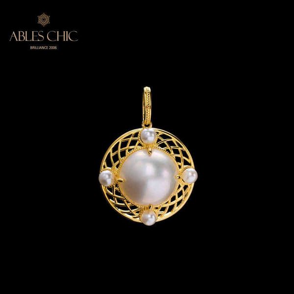 

18k gold tone mabe pearl mesh disc pendant solid 925 silver handmade vintage wedding necklace c11n3s25956