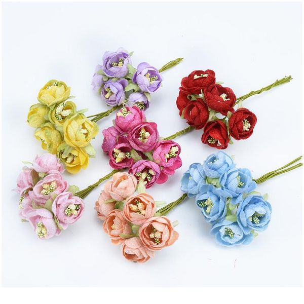 

6pcs silk tea roses bouquet for vases needlework diy gifts box artificial plants stamen christmas wreath home decor acc jllssg