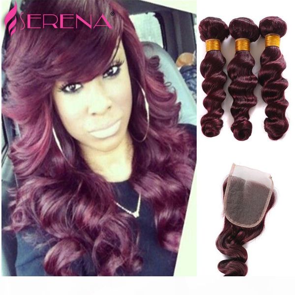 

silk indian curly closure 99j wine red human hair swiss lace closures piece loose wave burgundy raw indian full lace closure 4x4, Black;brown