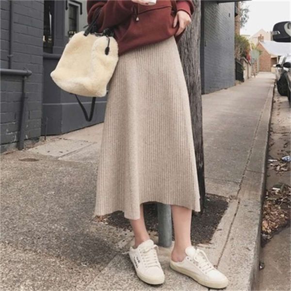 

popular elastic knitted mid length women's autumn and winter new high waist thin pleated a-line skirt hot, White;black