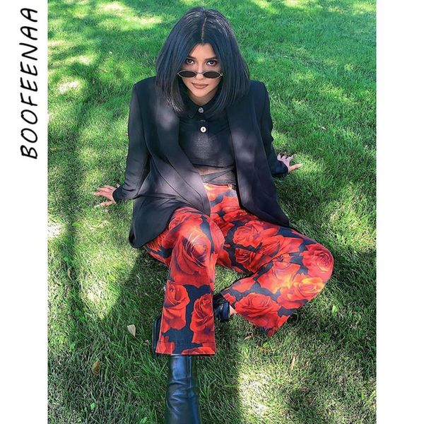 

women's pants & capris boofeenaa womens bottoms 2021 autumn ins red rose print high waisted straight ladys loose fashion trousers c67-a, Black;white