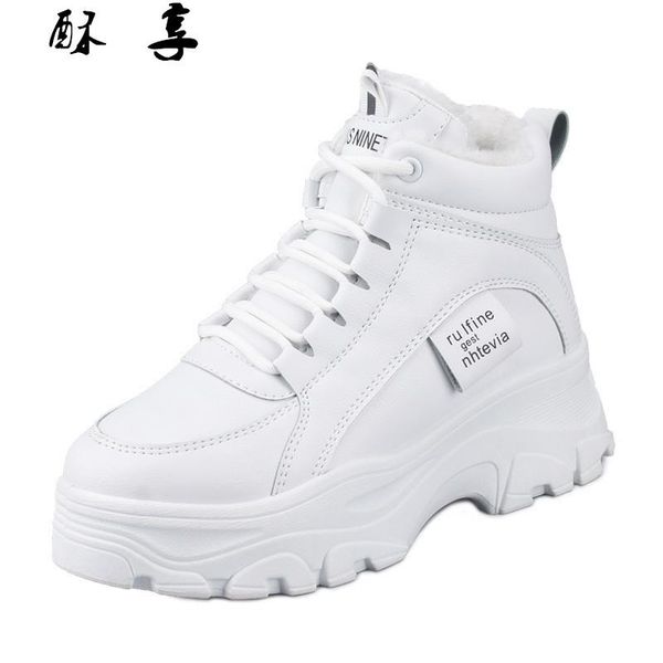 

boots women's casual sneakers winter with plush fur warm shoes lacing on, Black