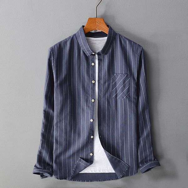 

2021 new italy long-sleeved striped linen shirts men brand casual breathable male cotton fashion mens shirt stripes overhemd camisa ux4o, White