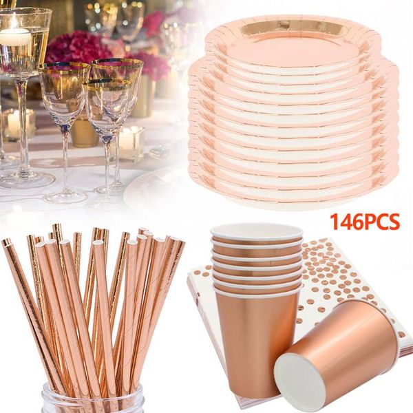 

disposable dinnerware 146pcs party tableware supplies rose gold champagne paper cup plate straws for birthday festive decor wedding