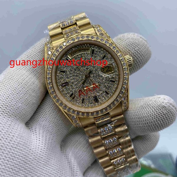 

automatic men watch 36mm gold case stones bezel and diamonds in middle of bracelet diamond dial wrist watches, Slivery;brown