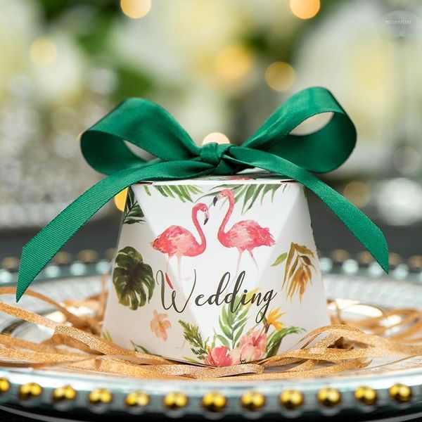 Confezione regalo 20 pezzi Scatole bomboniere per feste di matrimonio Flamingo Candy Treat Chocolate Box con nastri a forma di diamante Green Forest Style
