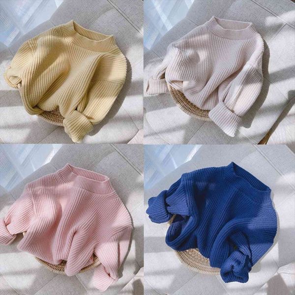 

pure color sweaters children autumn candy round neck loose casual pullover knitwear wild soft warm kids clothes outfit, Blue