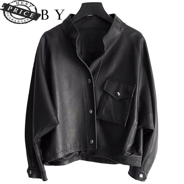 

women's leather & faux classic sheepskin real women fur coat doudoune femme shorts female stand collar leisure black pockets coats and