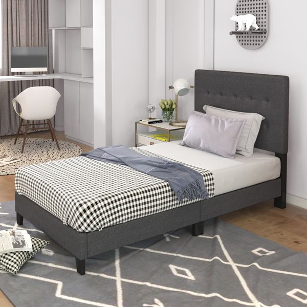 

bedroom furniture upholstered platform bed frame mattress foundation with plywood slat support and tufted headboard, twin - dark grey