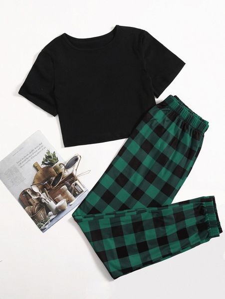 

solid tee & buffalo plaid sweatpants i5do#, White