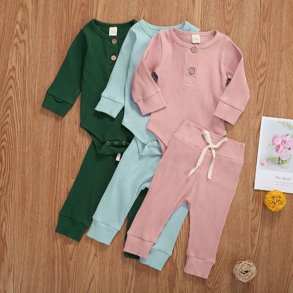 

baby girl boys clothes 0-24m outfits 2-piece set fashion casual long sleeve knitted jumpsuit + lace up trousers suit solid color, White