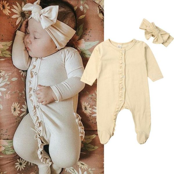 

jumpsuits 2021 winter born romper baby girl boy cotton clothes jumpsuit long sleeve button ruffles solid playsuits headband pajama, Blue