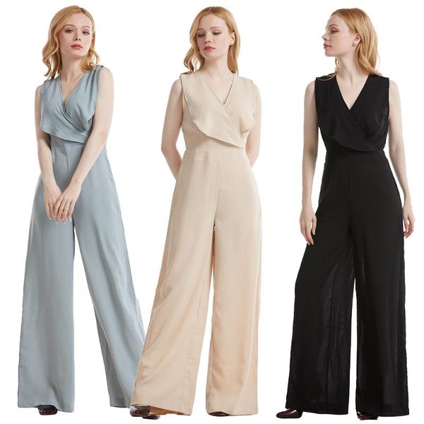 

women's jumpsuits & rompers summer women high waist v-neck ruffle loose wide leg pants jumpsuit casual overalls female sleeveless cloth, Black;white