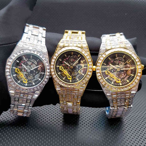 

relogio masculino de luxury watch ice out baguette stones automatic men mechanic watches brand orologio automatico uomo, Slivery;brown