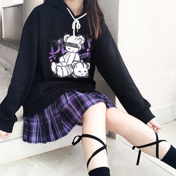 

women's hoodies & sweatshirts winter clothing sweatshirt oversize harajuku women hooded korean cartoon long sleeve pullovers gothic pu, Black