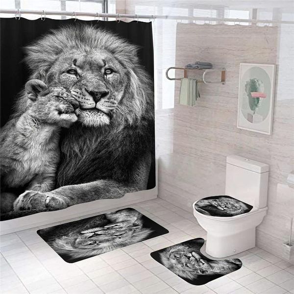 

shower curtains lion pattern curtain sets rugs toilet lid cover and bath mat art compelete bathroom set home decor
