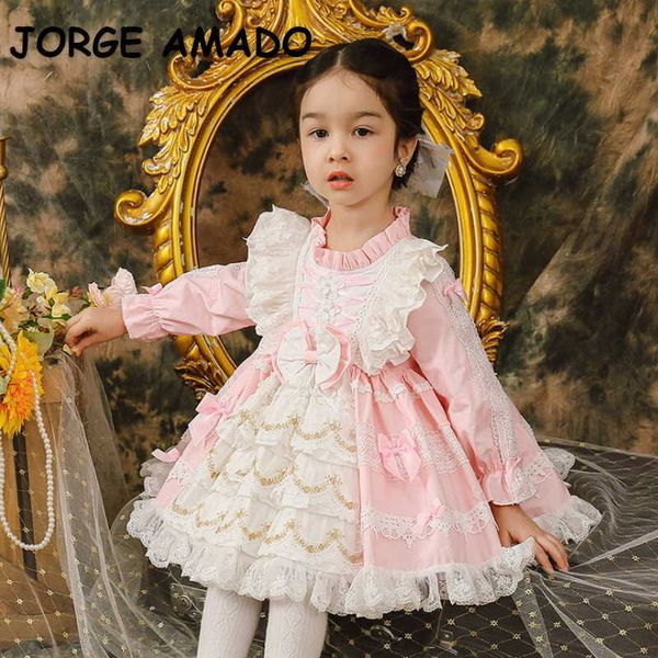 Primavera crianças menina vestido laço laço cor-de-rosa patchwork mangas compridas princesa vestidos de casamento piano de casamento realizar roupas festa E8057 210610