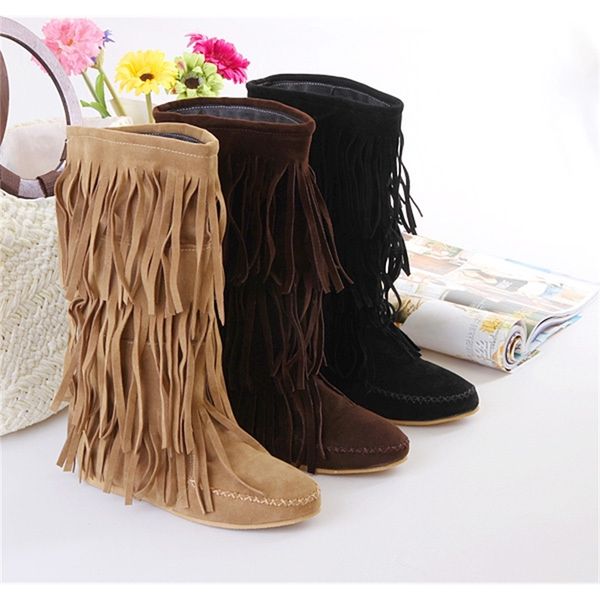 

mixed appropriations women's boots flat bottom tassel casual sho medium tube large size 40-43, Black