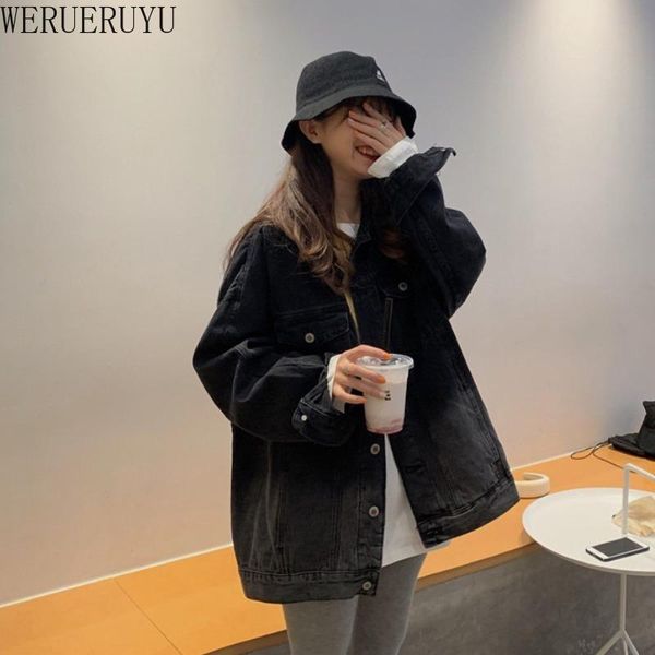 

werueruyu women's denim jacket 2021 korean style solid casual blue jackets autumn plus size loose jeans coats female, Black;brown
