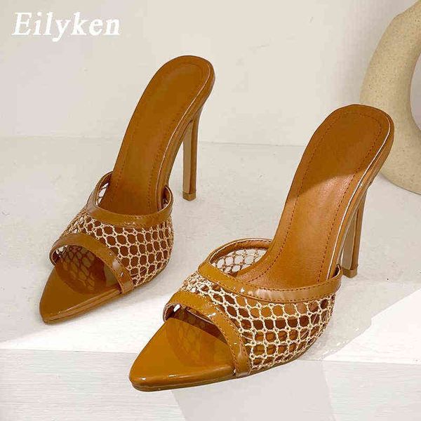 

slippers eilyken new green pointed toe high heel mesh summer fashion slip on thin heels slides mules party women shoes220308, Black