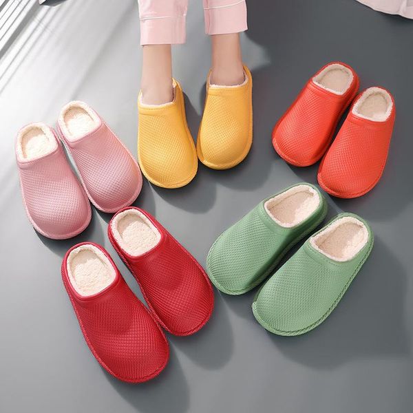 

women eva slippers winter warm waterproof winter cotton slippers plush waterproof house thick bottom men shoes, Black