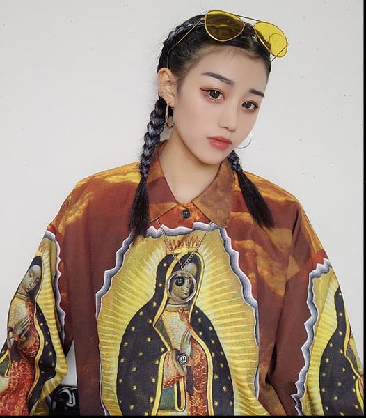 

spring harajuku virgin mary printed smooth women loose blouse shirts street style drop shipping, White