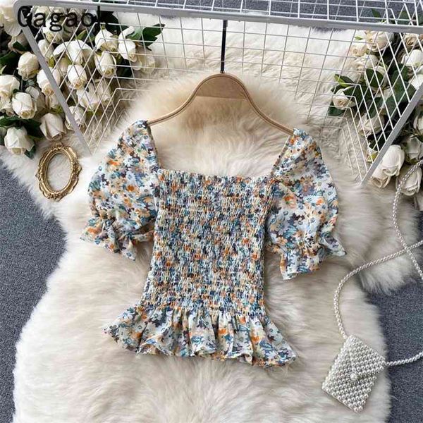 

blusa mujer women summer square collar puff sleeve ruffles floral print sweet shirt slim korean chic wild blouse 210531, White