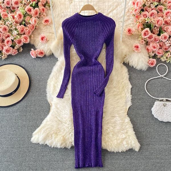 

casual dresses women shiny knitted dress long sleeve o neck elastic slim pencil autumn bodycon streetwear sweater, Black;gray
